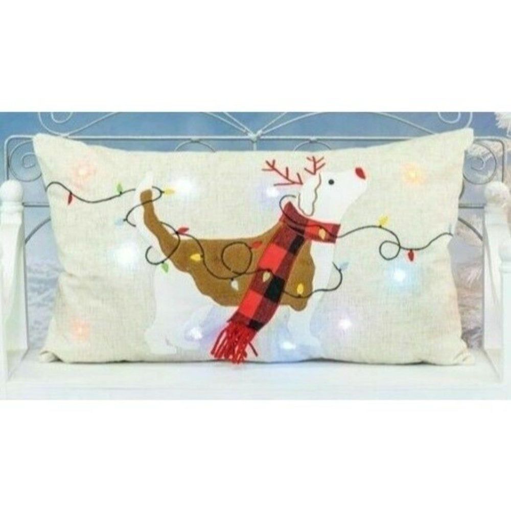 174 Accent Pillow Reindeer Dog Christmas Holiday Blinking Light-Up Buffalo Plaid